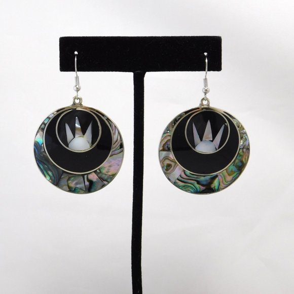 SOLD----Vintage Mexican Earrings MOP Abalone Shell Alpaca Silver Black Enamel - Picture 2 of 4